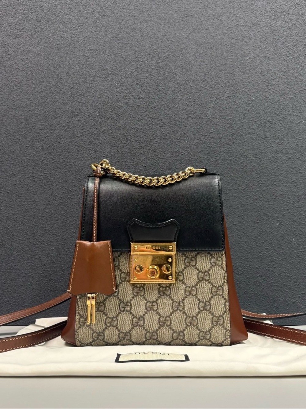 Gucci Black, Brown & Beige GG Canvas Padlock Top Handle Backpack